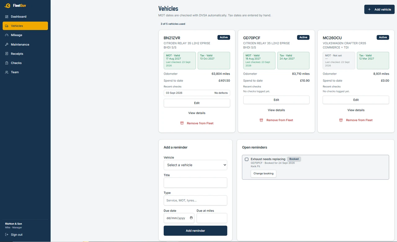 FleetGuv vehicles screen showing MOT, tax, mileage and maintenance reminders